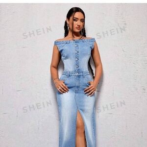 SHEIN ICON High Slit Water Washed Denim Dress
